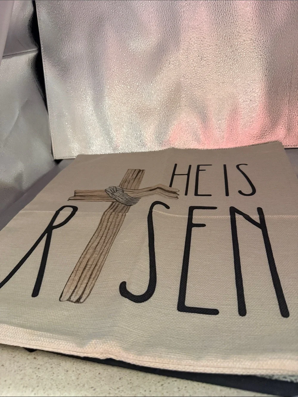 He Is Risen Decorative pillow cover -Beige with Black and Brown Print